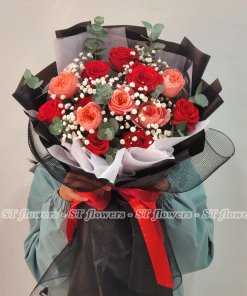 Bó hồng đỏ mix hồng cam luân đôn