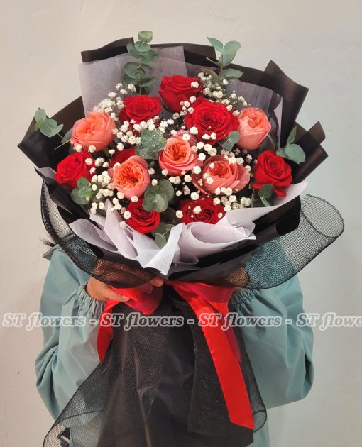 Bó hồng đỏ mix hồng cam luân đôn