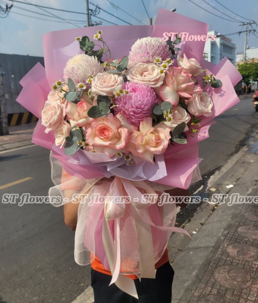 Bó hoa song hỹ  -cúc mẫu đơn