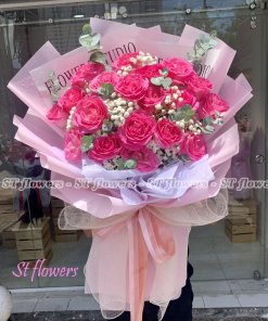 Bó hồng sen giấy hồng