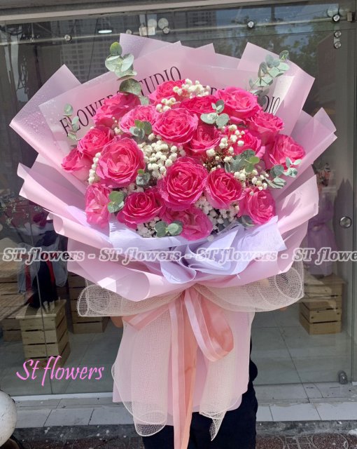 Bó hồng sen giấy hồng